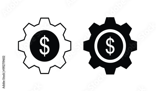 Black and white gear icons with dollar signs on a pure for business or finance concepts