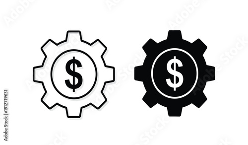 Black and white gear icons with dollar signs on a pure for business or finance concepts