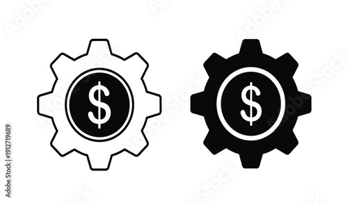 Black and white gear icons with dollar signs on a pure for business and finance concepts