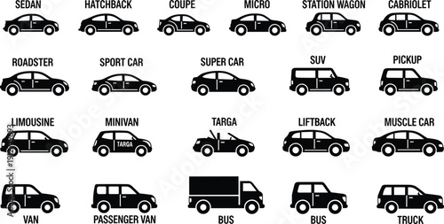 Vector icons set of car body types including sedan hatchback coupe suv minivan pickup truck bus and luxury sports vehicle silhouettes