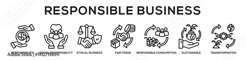  Responsible Business web banner icon vector illustration concept for business with icon of corporate responsibility, social responsibility, ethical business, fair trade, responsible consumption,.