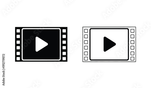 Black and white play button icons on film strip for video or movie playback