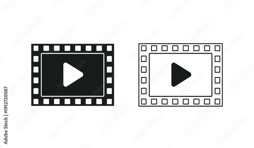 Fototapeta premium Black and white film strip play button icons in vector format for video playback symbols