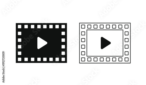 Black and white play button icons for video or movie playback on film strip