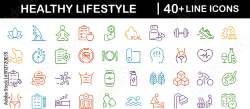 Collection of colorful icons representing a healthy lifestyle, including fitness, nutrition, and wellness symbols, on a clean background, viewed from a straightforward perspective.