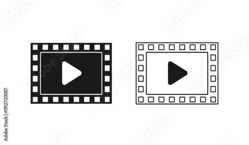 Black and white film strip play button icons in vector format for video playback symbols