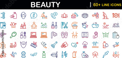 Collection of colorful beauty icons representing various cosmetics and skincare products in a modern flat design style.