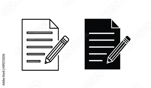 Black and white document icons with pencils on paper sheets in line art style for editing or writing concepts