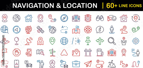 Collection of navigation and location icons in various styles and colors displayed on a clean background