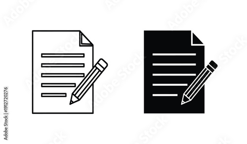 Black and white document icons with pencils on paper sheets in simple line style for editing or writing concepts