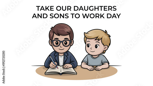 Take Our Daughters And Sons To Work Day illustration with diverse children reading books representing career inspiration education and workplace awareness