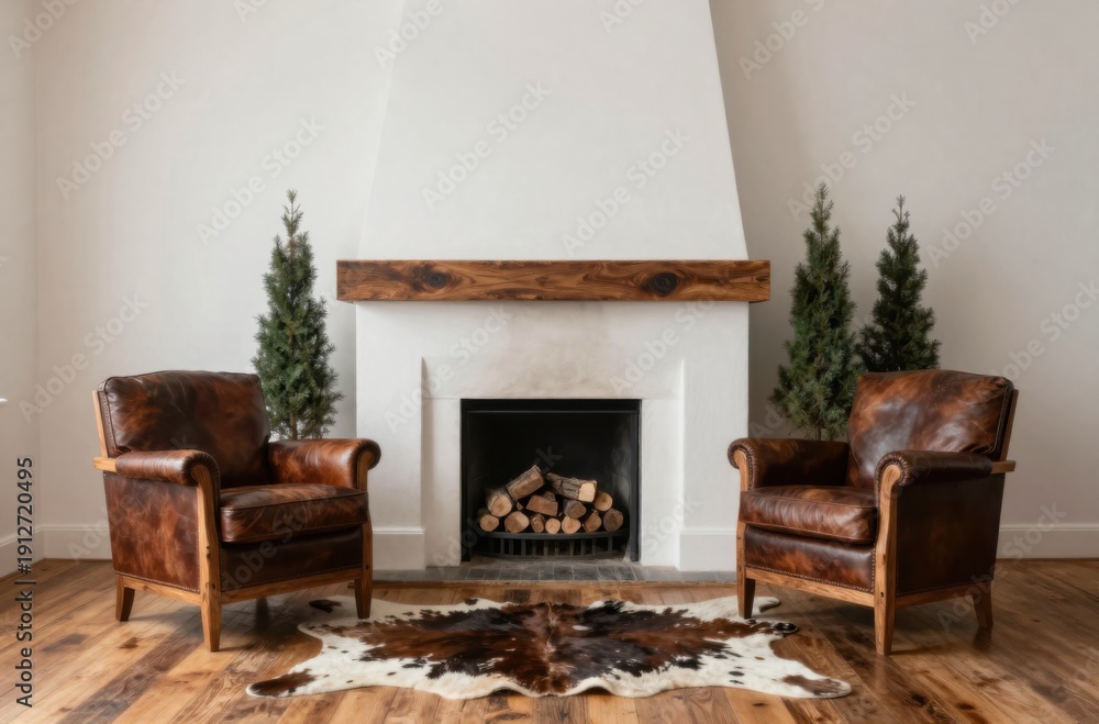 Fototapeta premium Elegant Living Room with Fireplace, Leather Armchairs, Cowhide Rug, and Minimalist Decor for Upscale Interior Design