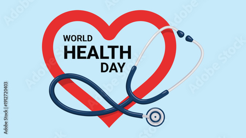 World Health Day concept with red heart shape and stethoscope forming medical symbol on blue background for global healthcare awareness banner design