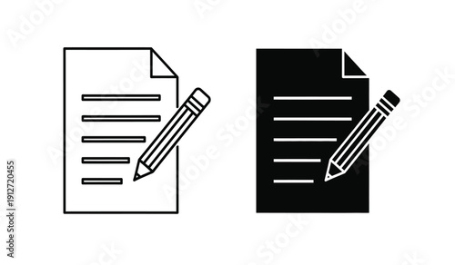 Black and white document icons with pencils on paper sheets for editing or writing, simple line style graphics