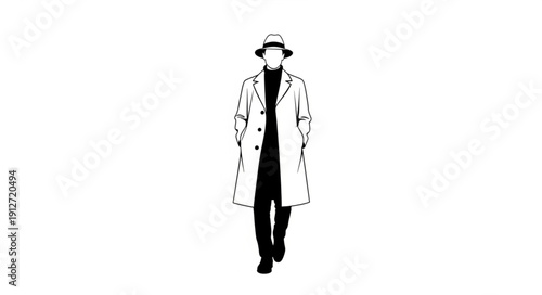 Man in trench coat and hat walking forward.