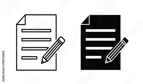 Black and white document icons with pencils for editing purposes on a pure