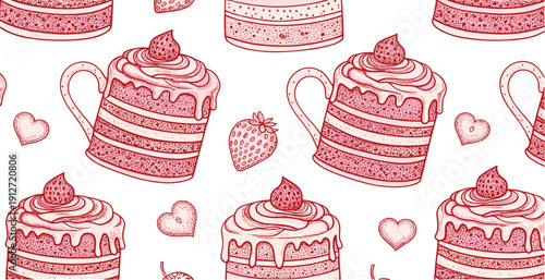 Valentine tea and dessert doodle seamless pattern set with cakes cups hearts romantic vector illustration collection