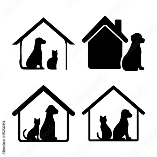Illustrations of pet-friendly homes featuring dogs and cats in various house designs