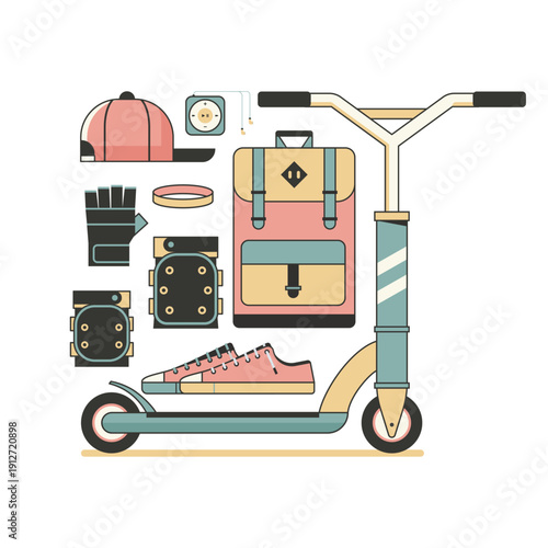 Kick Scooter Riding Elements Line Art Collection