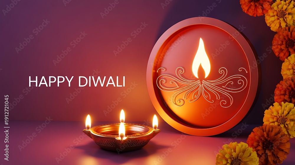 Fototapeta premium Happy diwali oil lamps with glowing flame on dark background