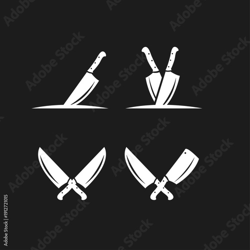 Butcher and Chef Knives Silhouette Icons Set. Vector Kitchen Knife and Cleaver Logo Elements