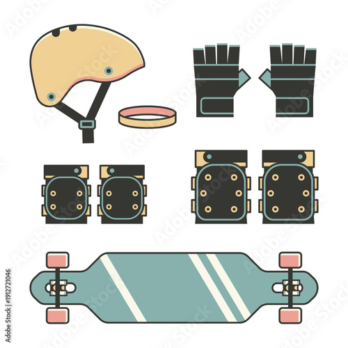 Skateboarding Protection Equipments Line Art Set
