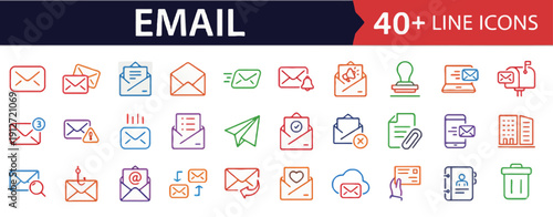 Collection of email icons in various styles and colors on a white background viewed from directly above
