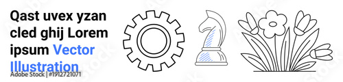 Technology, strategy, nature , creative design, informational visuals, educational material. Gear, chess knight and flowers in simple line art. Technology and strategy concepts