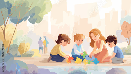 Children and adult collaborating on a colorful puzzle in a serene outdoor park setting, fostering teamwork and learning
