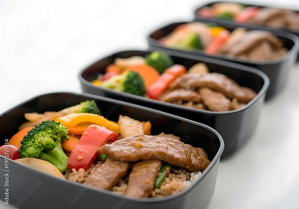 Fototapeta premium Healthy homemade lunch boxes filled with rice, meat, and colorful vegetables, ready for meal preparation and on-the-go eating.
