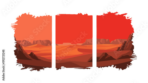 desolate mars desert triptych illustration with red mountains and sand dunes under fiery alien sky for sci-fi and space exploration.
