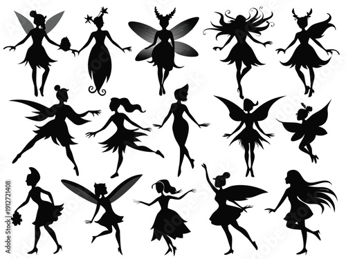 A black vector collection of ballet dancers silhouettes and nature insect icons featuring a butterfly and dragonfly design set