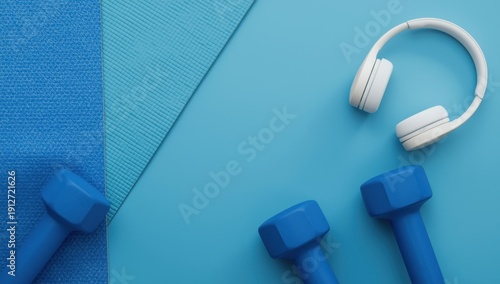 Wallpaper Mural Flat lay of fitness items: blue dumbbells, yoga mat, and white wireless headphones on a blue backdrop, with room for text Torontodigital.ca