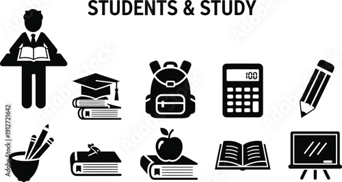 Student Study Icons Collection: Books, Supplies, and Learning Tools for Educational Projects