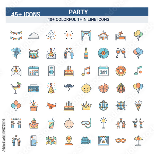 Collection of colorful thin line icons representing various party elements and celebrations