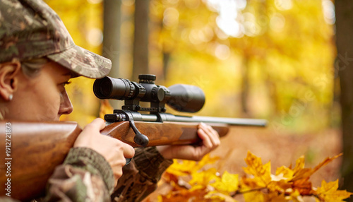 Hunter aiming with rifle in autumn forest, wearing camouflage. Focused on target, concept of outdoor adventure, hunting season, wildlife, survival and sport.