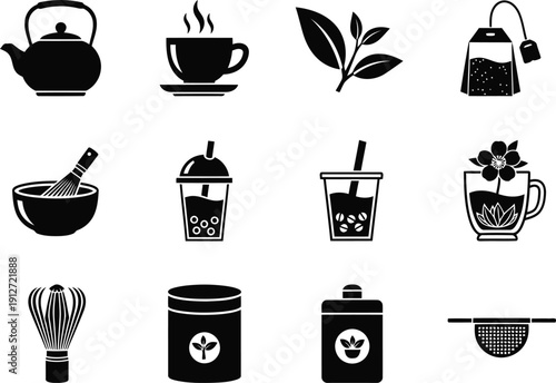 Stylish Black and White Icons of Tea and Coffee Drinks for Modern Designs