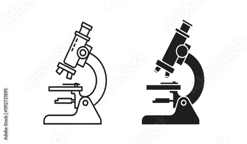 Two black and white microscope illustrations for science and education purposes in line and solid styles