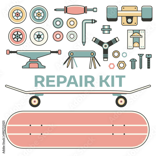 Skateboard Repair Kit Icon Set in Line Art