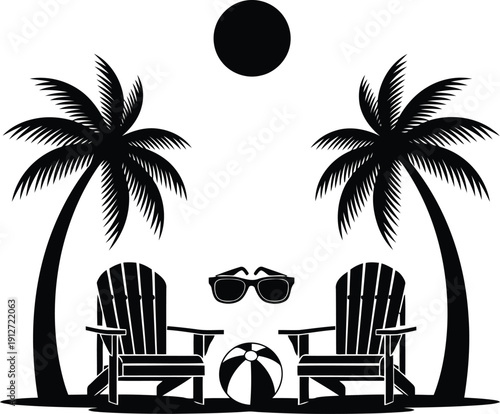 Tropical Beach Scene with Adirondack Chairs, Sunglasses, and Palm Trees for Summer Vibes