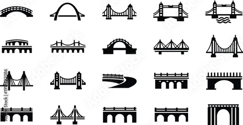 Bridge silhouette icon set with various architecture styles including suspension, arched, cable stayed, and historical stone bridges for urban engineering and transportation design.