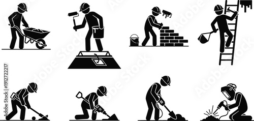 Construction worker stick figure icons set featuring men painting, bricklaying, welding, using jackhammers, climbing ladders, and operating wheelbarrows for industrial building projects.