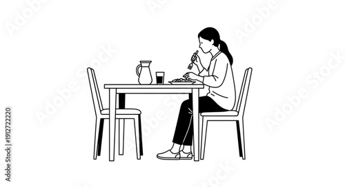 Woman eating at a table with chairs and pitcher.