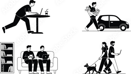 Collection of modern flat line characters engaged in daily activities including remote working, grocery shopping with car, relaxing at home, and walking dog.
