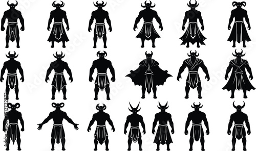 Devil silhouette set with muscular horned demons, satanic monsters wearing capes and kilts, spooky underworld creatures for dark fantasy or Halloween projects.