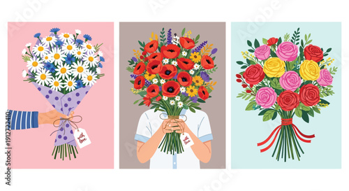 Hands holding colorful bouquets of beautiful floral arrangements