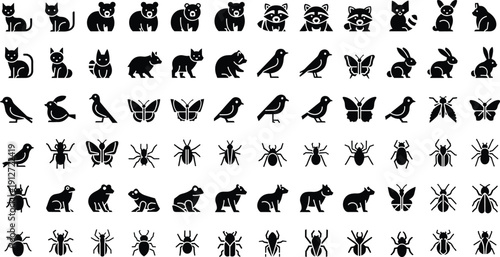 Large collection of animal and insect silhouettes featuring cats, bears, birds, rabbits, butterflies, spiders, and frogs for nature or wildlife design projects.