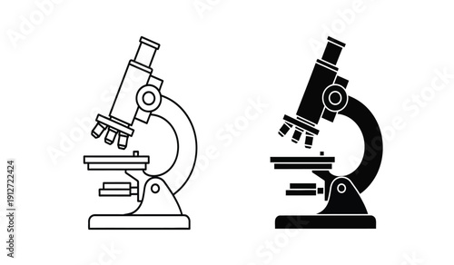 Two microscopes in black and white line art style for science and education use