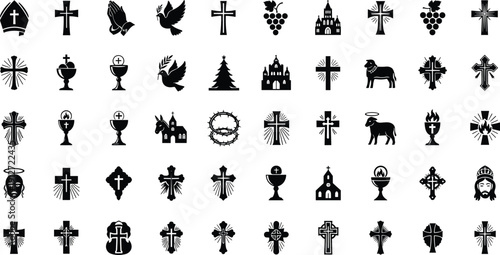 Large collection of Christian religious icons featuring various crucifix crosses, churches, holy bibles, doves, praying hands, and sacred symbols for spiritual graphic design.