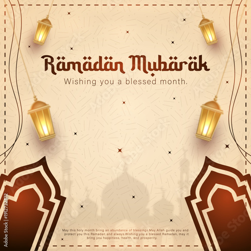 Ramadan Mubarak greeting card with gold lanterns and mosque, Elegant Islamic Ramadan Kareem background with glowing lamps, Modern Ramadan celebration banner with traditional Arabic fanous, Minimalist 